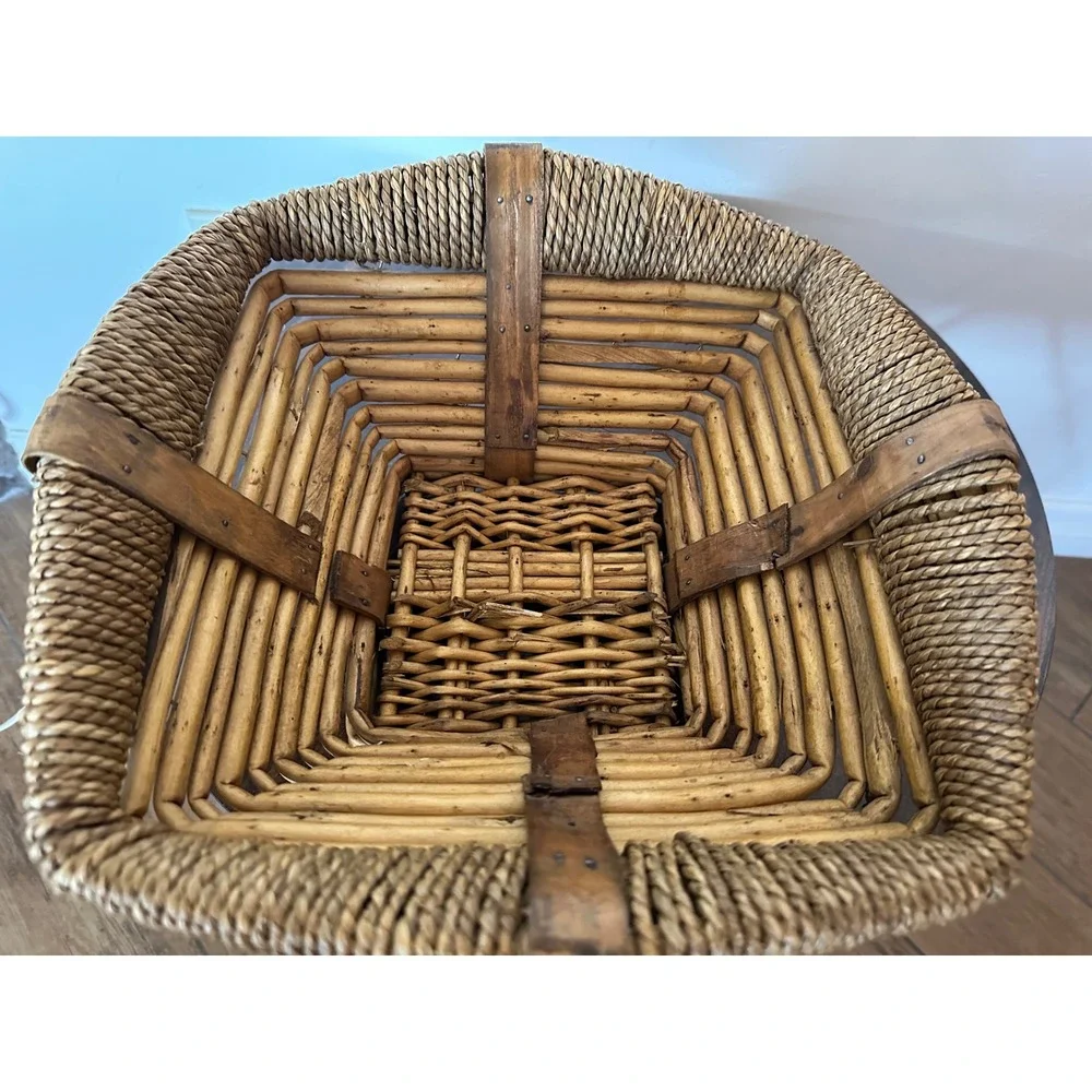 Vintage Tiered Wicker Basket Square Rattan Seagrass Rope Edge Boho Decor Bowl
